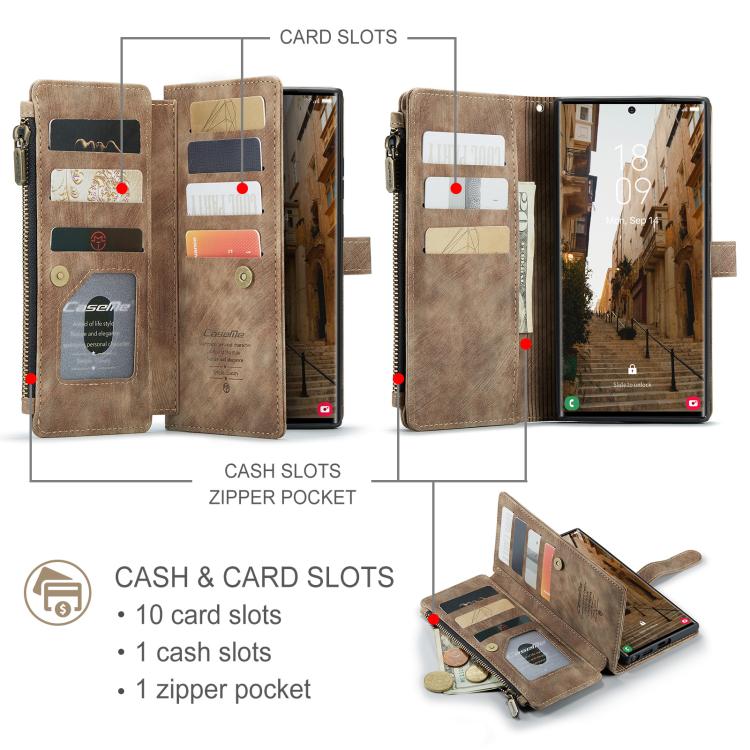 For Samsung Galaxy S25 Ultra 5G CaseMe C30 Card Slots Zipper Wallet Leather Phone Case(Brown) - Galaxy S25 Ultra 5G Cases by CaseMe | Online Shopping UK | buy2fix