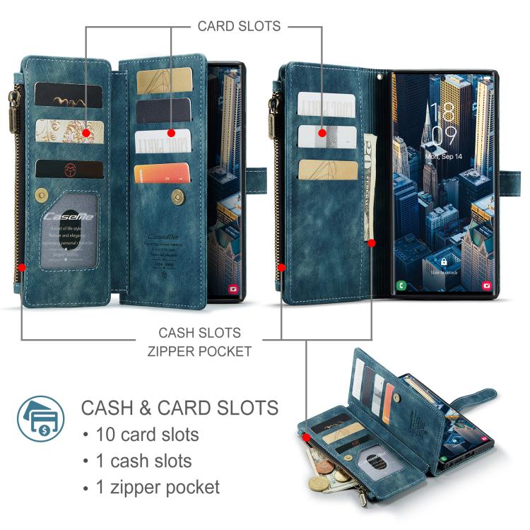For Samsung Galaxy S25 Ultra 5G CaseMe C30 Card Slots Zipper Wallet Leather Phone Case(Blue) - Galaxy S25 Ultra 5G Cases by CaseMe | Online Shopping UK | buy2fix