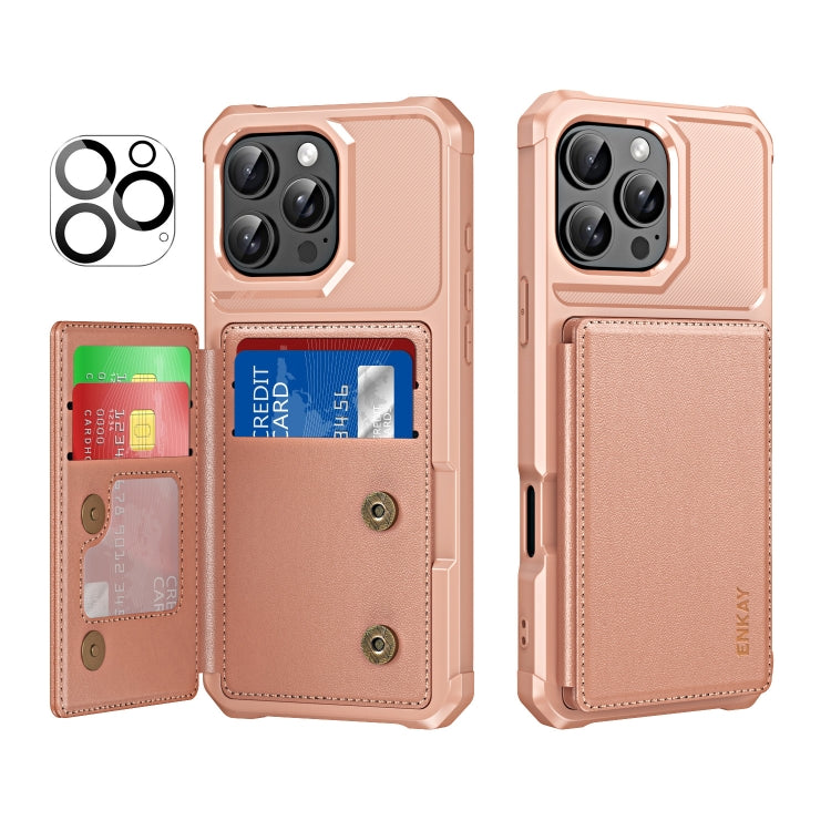 For iPhone 16 Pro ENKAY Hat-Prince Card Slot Wallet TPU Back Leather Phone Case with Lens Film(Rose Gold) by ENKAY