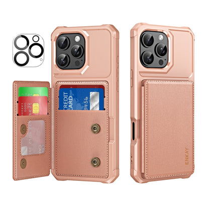 For iPhone 16 Pro ENKAY Hat-Prince Card Slot Wallet TPU Back Leather Phone Case with Lens Film(Rose Gold) by ENKAY