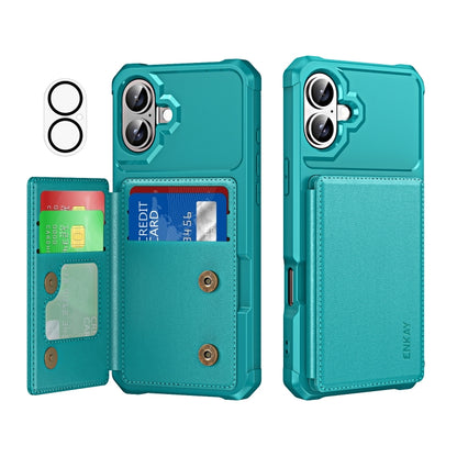For iPhone 16 Plus ENKAY Hat-Prince Card Slot Wallet TPU Back Leather Phone Case with Lens Film(Cyan) by ENKAY