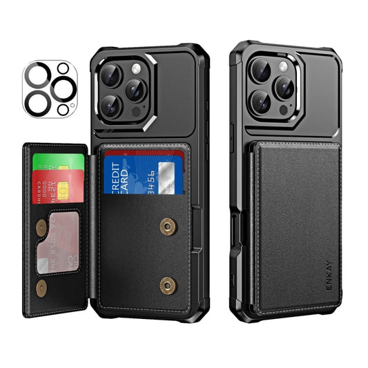 For iPhone 15 Pro ENKAY Hat-Prince Card Slot Wallet TPU Back Leather Phone Case with Lens Film(Black) - iPhone 15 Pro Cases by ENKAY | Online Shopping UK | buy2fix