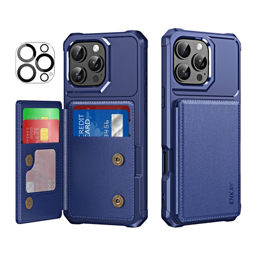 For iPhone 15 Pro ENKAY Hat-Prince Card Slot Wallet TPU Back Leather Phone Case with Lens Film(Dark Blue) - iPhone 15 Pro Cases by ENKAY | Online Shopping UK | buy2fix