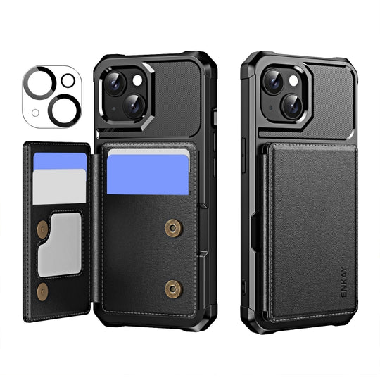 For iPhone 15 ENKAY Hat-Prince Card Slot Wallet TPU Back Leather Phone Case with Lens Film(Black)