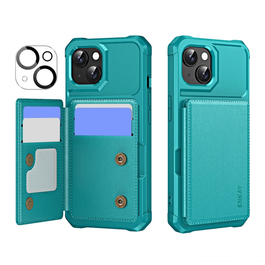 For iPhone 15 ENKAY Hat-Prince Card Slot Wallet TPU Back Leather Phone Case with Lens Film(Cyan)