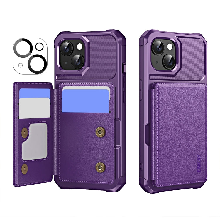 For iPhone 15 ENKAY Hat-Prince Card Slot Wallet TPU Back Leather Phone Case with Lens Film(Purple) - iPhone 15 Cases by ENKAY | Online Shopping UK | buy2fix