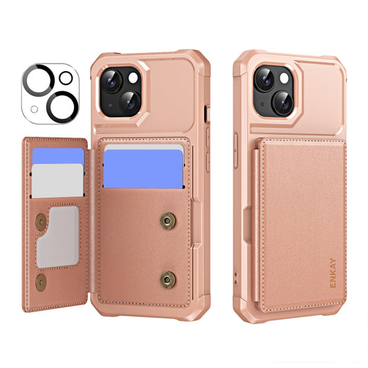 For iPhone 14 ENKAY Hat-Prince Card Slot Wallet TPU Back Leather Phone Case with Lens Film(Rose Gold) - iPhone 14 Cases by ENKAY | Online Shopping UK | buy2fix