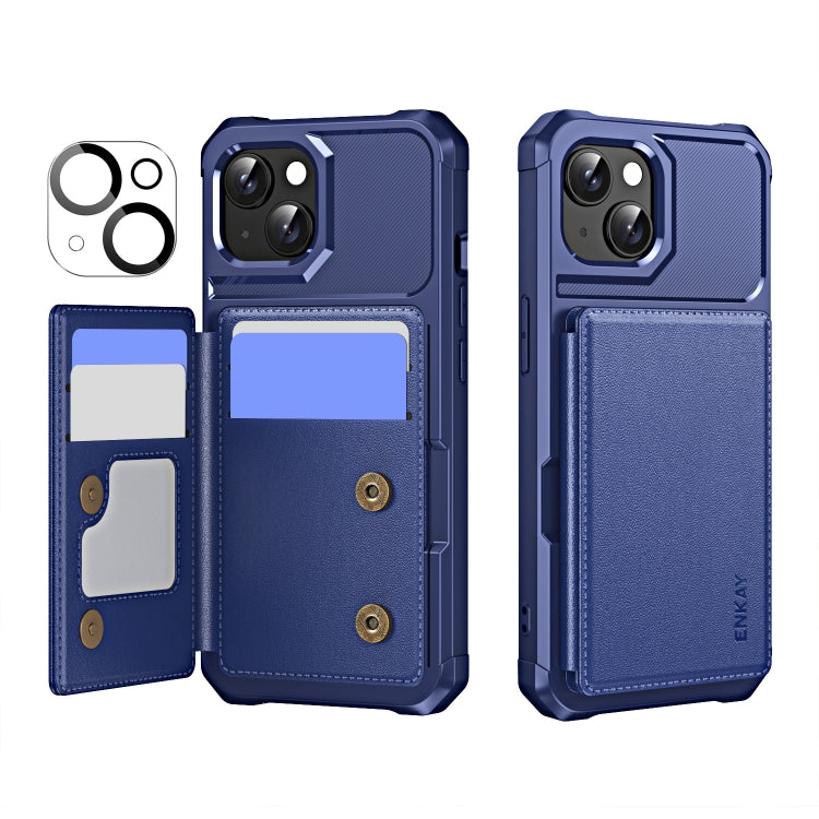 For iPhone 14 ENKAY Hat-Prince Card Slot Wallet TPU Back Leather Phone Case with Lens Film(Dark Blue) - iPhone 14 Cases by ENKAY | Online Shopping UK | buy2fix