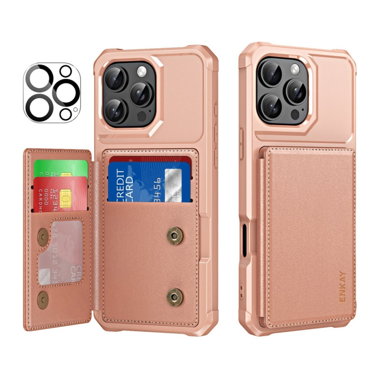 For iPhone 14 Pro ENKAY Hat-Prince Card Slot Wallet TPU Back Leather Phone Case with Lens Film(Rose Gold) - iPhone 14 Pro Cases by ENKAY | Online Shopping UK | buy2fix