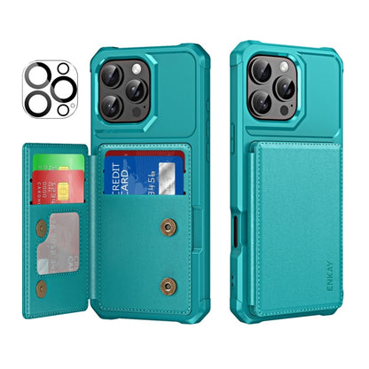 For iPhone 14 Pro ENKAY Hat-Prince Card Slot Wallet TPU Back Leather Phone Case with Lens Film(Cyan) - iPhone 14 Pro Cases by ENKAY | Online Shopping UK | buy2fix