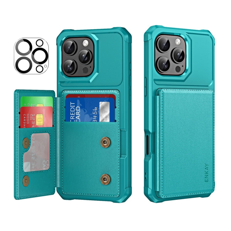 For iPhone 14 Pro Max ENKAY Hat-Prince Card Slot Wallet TPU Back Leather Phone Case with Lens Film(Cyan) - iPhone 14 Pro Max Cases by ENKAY | Online Shopping UK | buy2fix