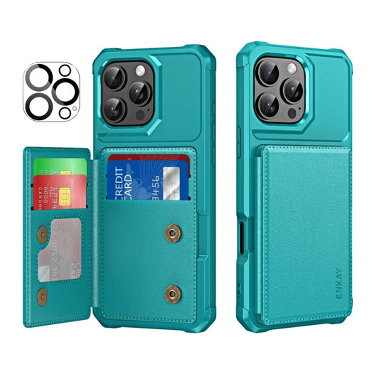 For iPhone 14 Pro Max ENKAY Hat-Prince Card Slot Wallet TPU Back Leather Phone Case with Lens Film(Cyan) - iPhone 14 Pro Max Cases by ENKAY | Online Shopping UK | buy2fix