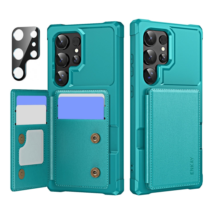 For Samsung Galaxy S24 Ultra 5G ENKAY Hat-Prince Card Slot Wallet TPU Back Leather Phone Case with Lens Film(Cyan) - Galaxy S24 Ultra 5G Cases by ENKAY | Online Shopping UK | buy2fix