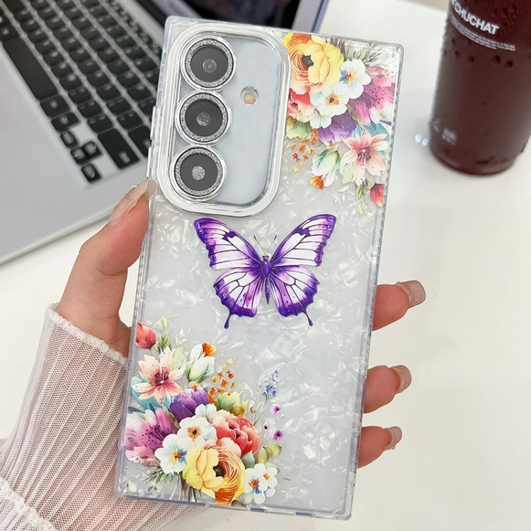 For Samsung Galaxy S25+ 5G Plating Texture Butterfly TPU Phone Case with Glitter Lens Film(Flowers Butterflies HU1) by buy2fix