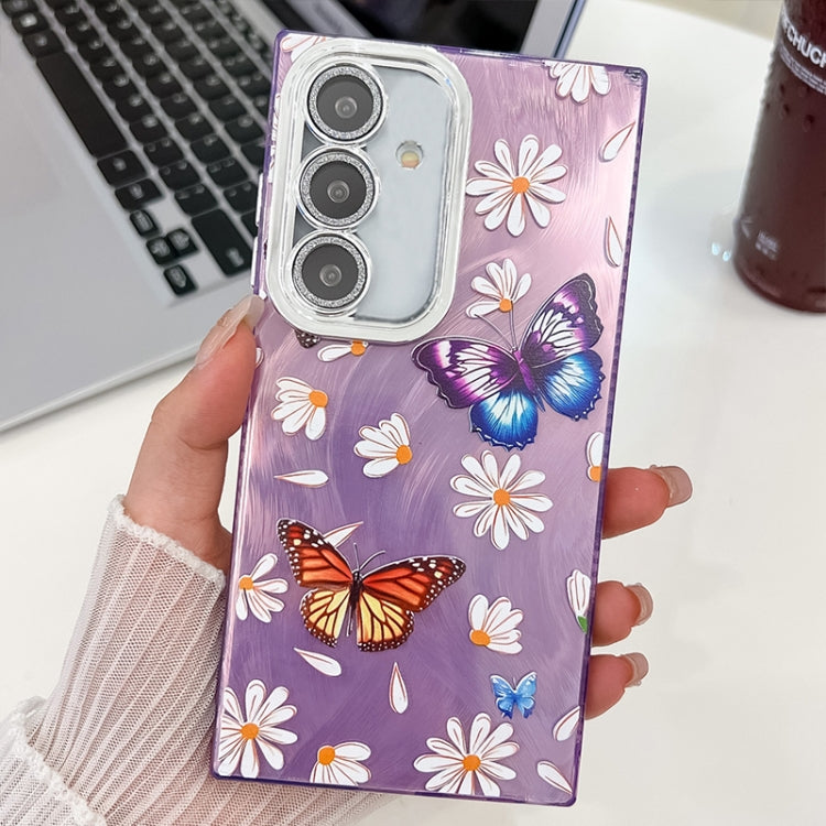 For Samsung Galaxy S25+ 5G Plating Texture Butterfly TPU Phone Case with Glitter Lens Film(Daisy Butterflies HU2) by buy2fix