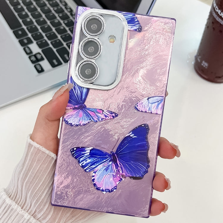 For Samsung Galaxy S25+ 5G Plating Texture Butterfly TPU Phone Case with Glitter Lens Film(Purple Butterflies HU4) by buy2fix