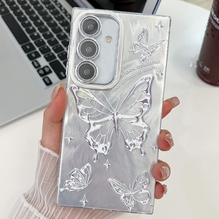 For Samsung Galaxy S25+ 5G Plating Texture Butterfly TPU Phone Case with Glitter Lens Film(Silver Butterflies HU6) by buy2fix