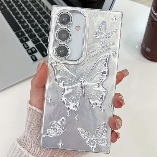 For Samsung Galaxy S25+ 5G Plating Texture Butterfly TPU Phone Case with Glitter Lens Film(Silver Butterflies HU6) by buy2fix
