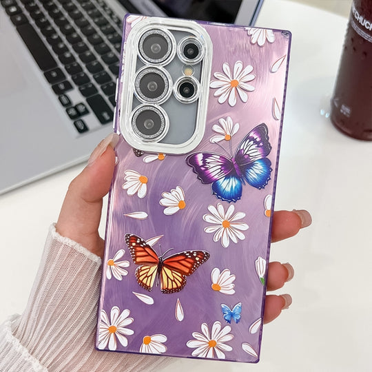 For Samsung Galaxy S25 Ultra 5G Plating Texture Butterfly TPU Phone Case with Glitter Lens Film(Daisy Butterflies HU2)