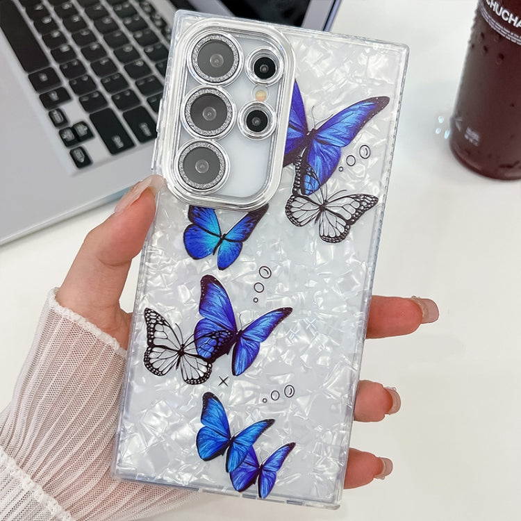 For Samsung Galaxy S25 Ultra 5G Plating Texture Butterfly TPU Phone Case with Glitter Lens Film(Blue Butterflies HU3) - Galaxy S25 Ultra 5G Cases by buy2fix | Online Shopping UK | buy2fix