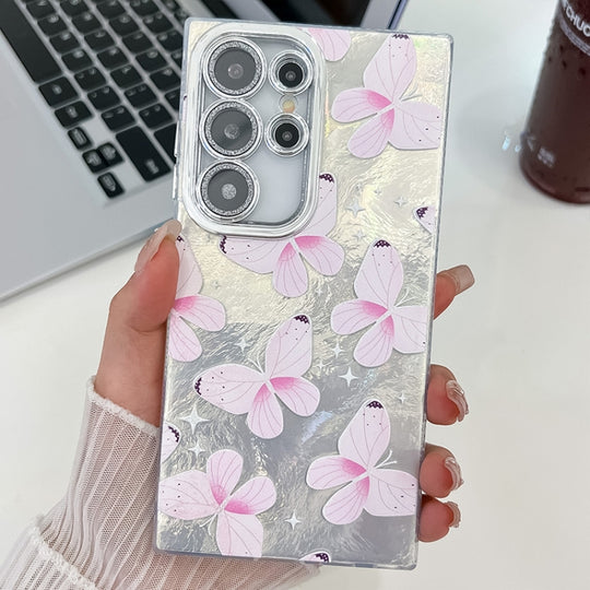 For Samsung Galaxy S25 Ultra 5G Plating Texture Butterfly TPU Phone Case with Glitter Lens Film(Pink Butterflies HU5)