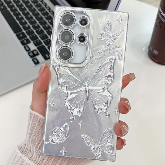 For Samsung Galaxy S25 Ultra 5G Plating Texture Butterfly TPU Phone Case with Glitter Lens Film(Silver Butterflies HU6) - Galaxy S25 Ultra 5G Cases by buy2fix | Online Shopping UK | buy2fix