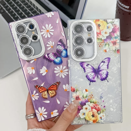 For Samsung Galaxy S25+ 5G Plating Texture Butterfly TPU Phone Case with Glitter Lens Film(Daisy Butterflies HU2) by buy2fix