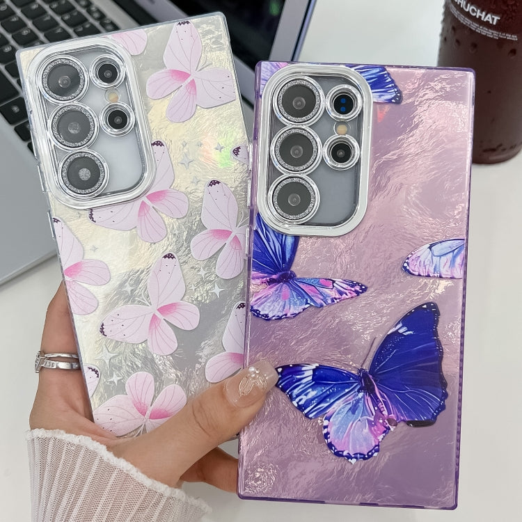 For Samsung Galaxy S25+ 5G Plating Texture Butterfly TPU Phone Case with Glitter Lens Film(Silver Butterflies HU6) by buy2fix
