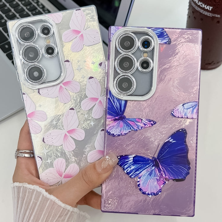 For Samsung Galaxy S25 5G Plating Texture Butterfly TPU Phone Case with Glitter Lens Film(Silver Butterflies HU6) - Galaxy S25 5G Cases by buy2fix | Online Shopping UK | buy2fix