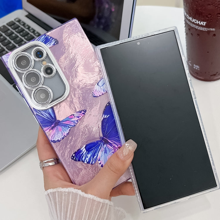 For Samsung Galaxy S25+ 5G Plating Texture Butterfly TPU Phone Case with Glitter Lens Film(Flowers Butterflies HU1) by buy2fix
