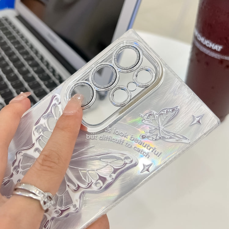 For Samsung Galaxy S25+ 5G Plating Texture Butterfly TPU Phone Case with Glitter Lens Film(Silver Butterflies HU6) by buy2fix