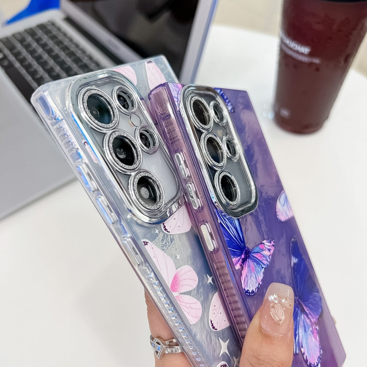 For Samsung Galaxy S25+ 5G Plating Texture Butterfly TPU Phone Case with Glitter Lens Film(Daisy Butterflies HU2) by buy2fix