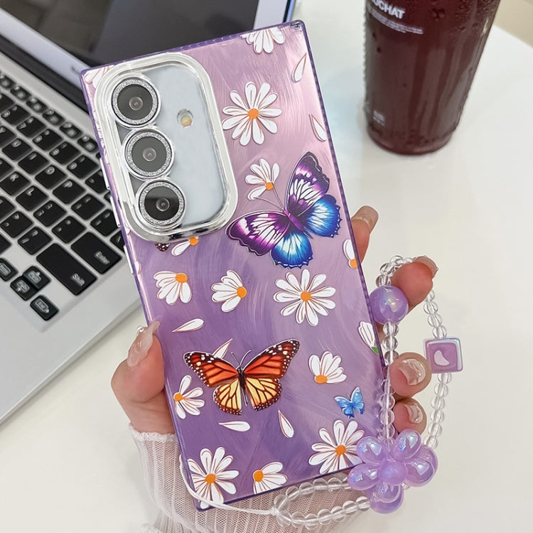 For Samsung Galaxy S25+ 5G Plating Texture Butterfly Wristband TPU Phone Case with Glitter Lens Film(Daisy Butterflies HU2) by buy2fix