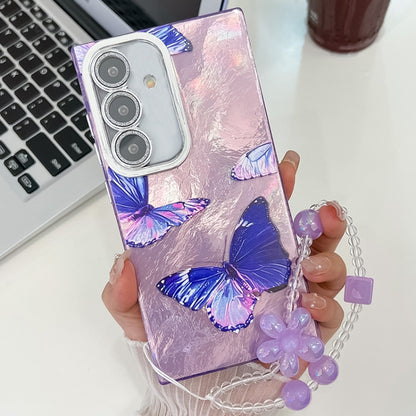 For Samsung Galaxy S25+ 5G Plating Texture Butterfly Wristband TPU Phone Case with Glitter Lens Film(Purple Butterflies HU4) by buy2fix