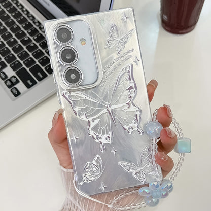 For Samsung Galaxy S25+ 5G Plating Texture Butterfly Wristband TPU Phone Case with Glitter Lens Film(Silver Butterflies HU6) by buy2fix