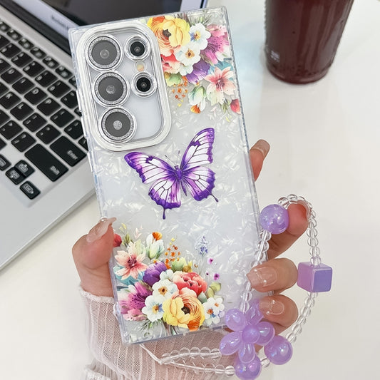 For Samsung Galaxy S25 Ultra 5G Plating Texture Butterfly Wristband TPU Phone Case with Glitter Lens Film(Flowers Butterflies HU1) - Galaxy S25 Ultra 5G Cases by buy2fix | Online Shopping UK | buy2fix