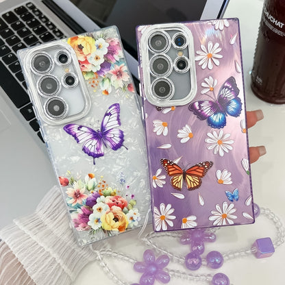 For Samsung Galaxy S25+ 5G Plating Texture Butterfly Wristband TPU Phone Case with Glitter Lens Film(Flowers Butterflies HU1) by buy2fix