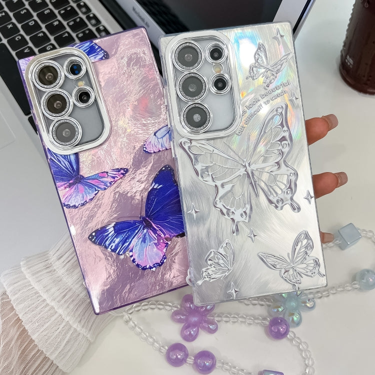 For Samsung Galaxy S25+ 5G Plating Texture Butterfly Wristband TPU Phone Case with Glitter Lens Film(Purple Butterflies HU4) by buy2fix