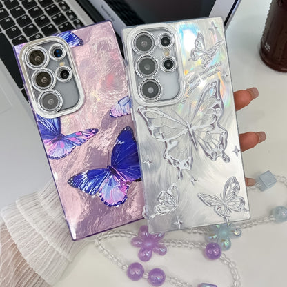 For Samsung Galaxy S25 Ultra 5G Plating Texture Butterfly Wristband TPU Phone Case with Glitter Lens Film(Silver Butterflies HU6) - Galaxy S25 Ultra 5G Cases by buy2fix | Online Shopping UK | buy2fix