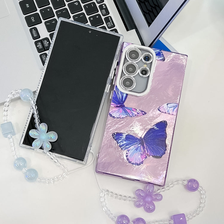 For Samsung Galaxy S25 Ultra 5G Plating Texture Butterfly Wristband TPU Phone Case with Glitter Lens Film(Blue Butterflies HU3) - Galaxy S25 Ultra 5G Cases by buy2fix | Online Shopping UK | buy2fix