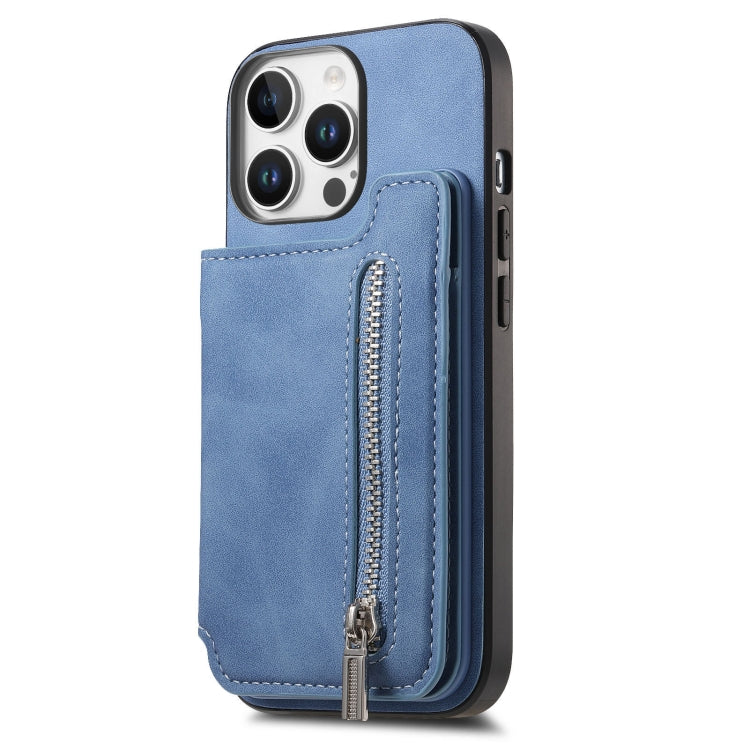 For iPhone 16 Pro Retro MagSafe Zipper Wallet Card Bag Back Phone Case(Blue) - iPhone 16 Pro Cases by buy2fix | Online Shopping UK | buy2fix