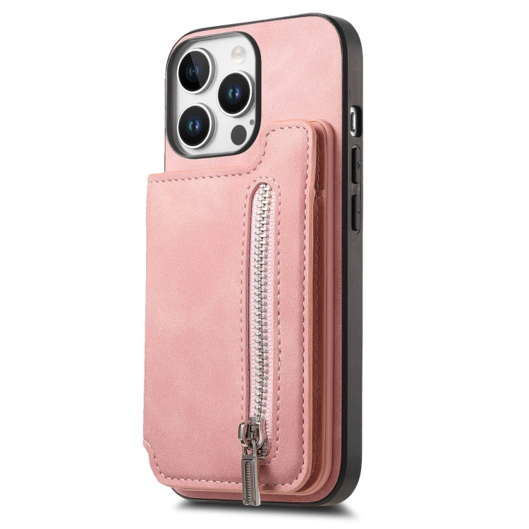 For iPhone 16 Pro Retro MagSafe Zipper Wallet Card Bag Back Phone Case(Pink) - iPhone 16 Pro Cases by buy2fix | Online Shopping UK | buy2fix