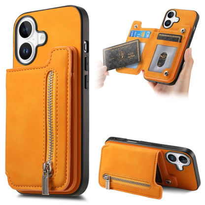For iPhone 16 Plus Retro MagSafe Zipper Wallet Card Bag Back Phone Case(Yellow) - iPhone 16 Plus Cases by buy2fix | Online Shopping UK | buy2fix