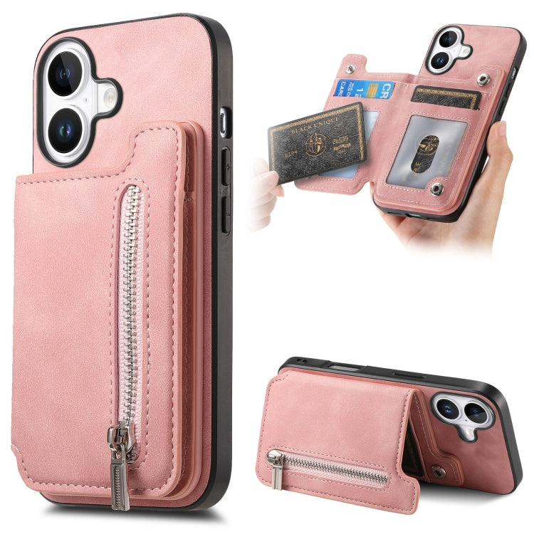 For iPhone 16 Plus Retro MagSafe Zipper Wallet Card Bag Back Phone Case(Pink) - iPhone 16 Plus Cases by buy2fix | Online Shopping UK | buy2fix