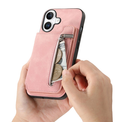 For iPhone 16 Plus Retro MagSafe Zipper Wallet Card Bag Back Phone Case(Pink) - iPhone 16 Plus Cases by buy2fix | Online Shopping UK | buy2fix