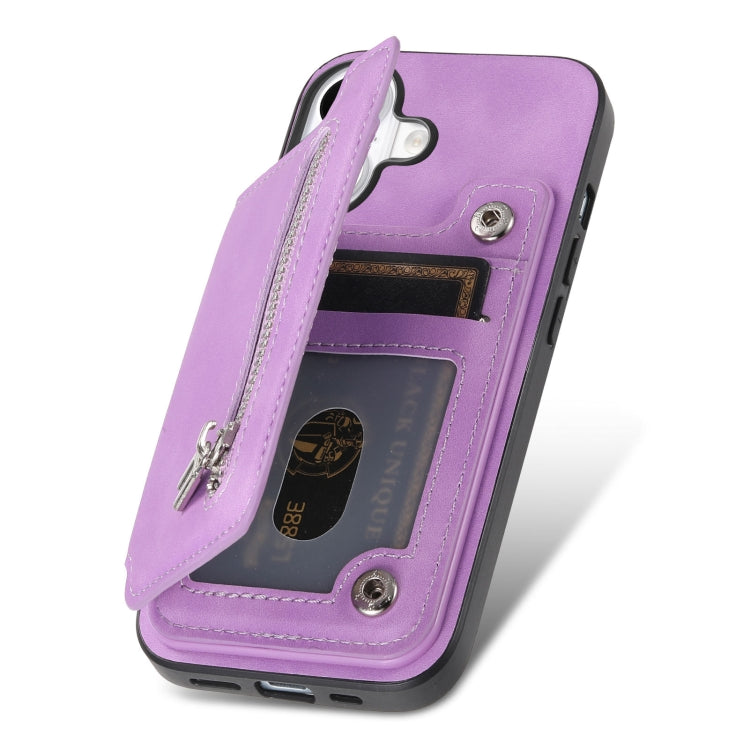 For iPhone 16 Plus Retro MagSafe Zipper Wallet Card Bag Back Phone Case(Purple) - iPhone 16 Plus Cases by buy2fix | Online Shopping UK | buy2fix