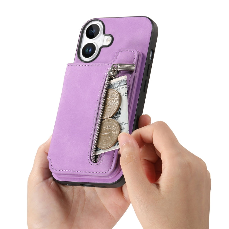 For iPhone 16 Plus Retro MagSafe Zipper Wallet Card Bag Back Phone Case(Purple) - iPhone 16 Plus Cases by buy2fix | Online Shopping UK | buy2fix