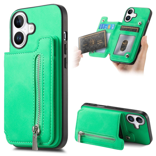 For iPhone 16 Plus Retro MagSafe Zipper Wallet Card Bag Back Phone Case(Green) - iPhone 16 Plus Cases by buy2fix | Online Shopping UK | buy2fix