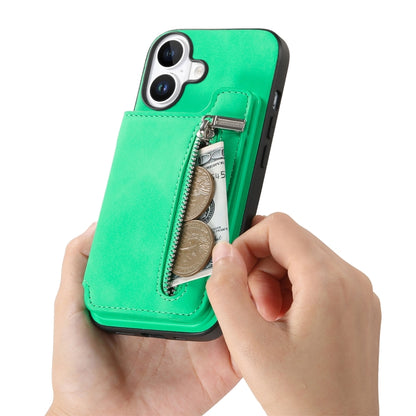 For iPhone 16 Plus Retro MagSafe Zipper Wallet Card Bag Back Phone Case(Green) - iPhone 16 Plus Cases by buy2fix | Online Shopping UK | buy2fix