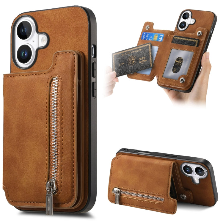 For iPhone 16 Plus Retro MagSafe Zipper Wallet Card Bag Back Phone Case(Brown) - iPhone 16 Plus Cases by buy2fix | Online Shopping UK | buy2fix